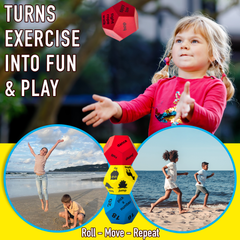 Children playing outdoors with a red dice and text about turning exercise into fun and play.