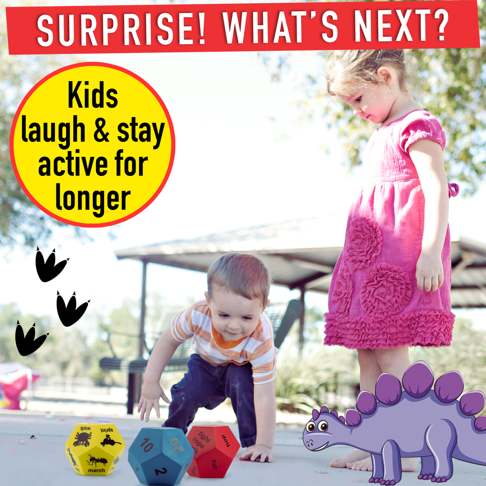 Two children playing with colorful dice outdoors, with text about laughter and activity.