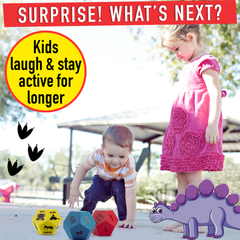 Two children playing with colorful dice outdoors, with text about laughter and activity.