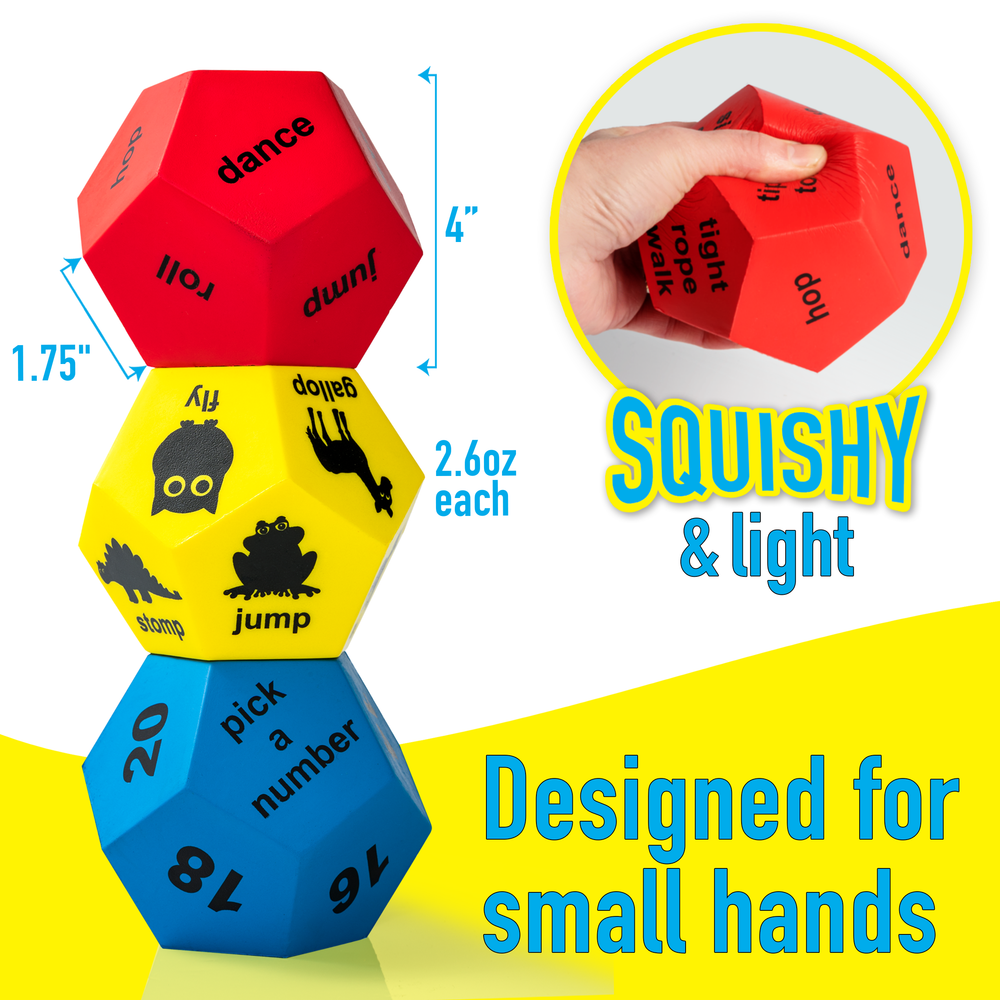 Set of three colorful dice with text and numbers, designed for small hands.