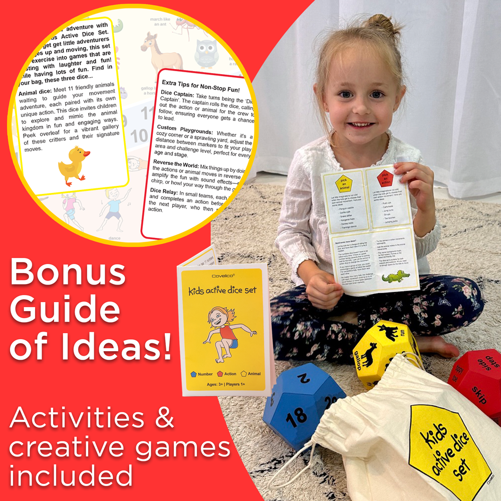 Child with dice set and activity guide on a red background