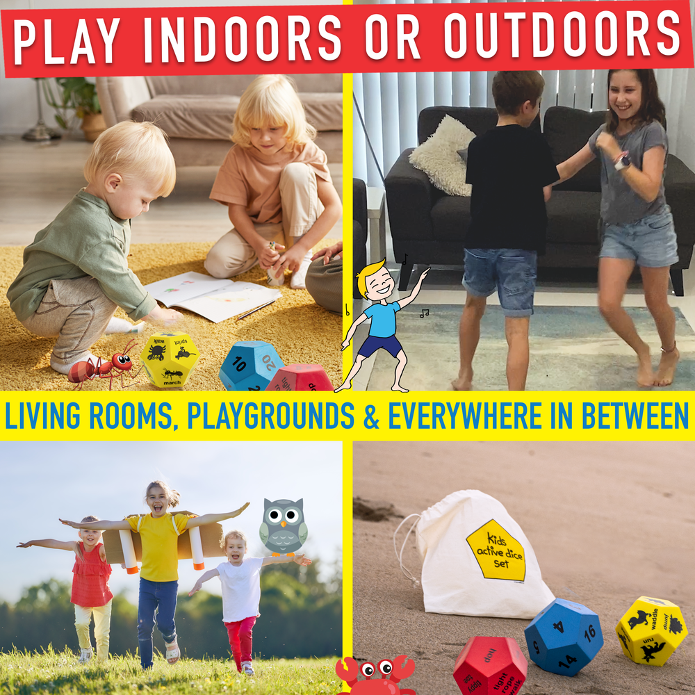 Children playing with toys indoors and outdoors, with text encouraging play in various settings.