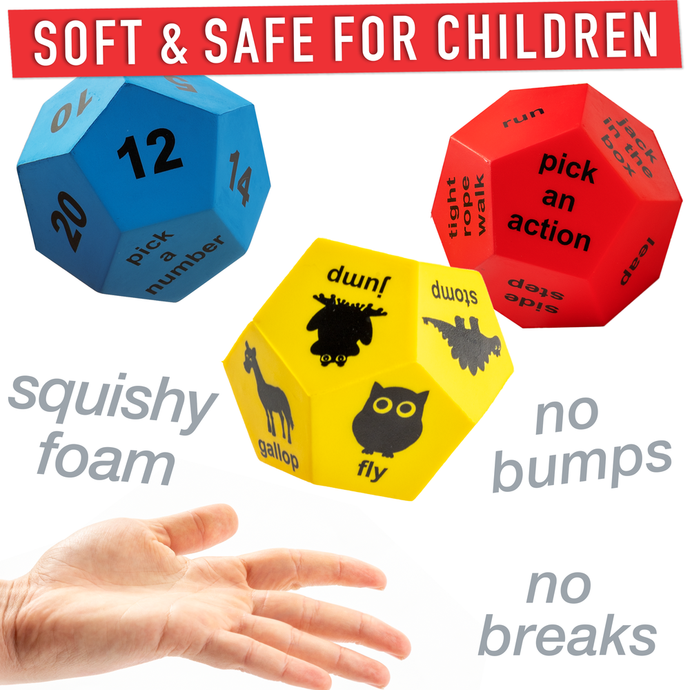 Three colorful dice with text and graphics, one being held by a hand, on a white background with text about safety and material.