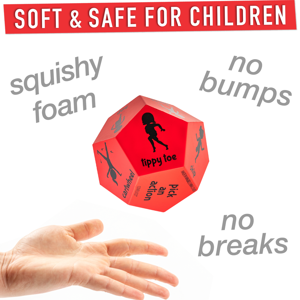 Red toy with a hand holding it, labeled 'squishy foam' and 'no bumps', on a white background.