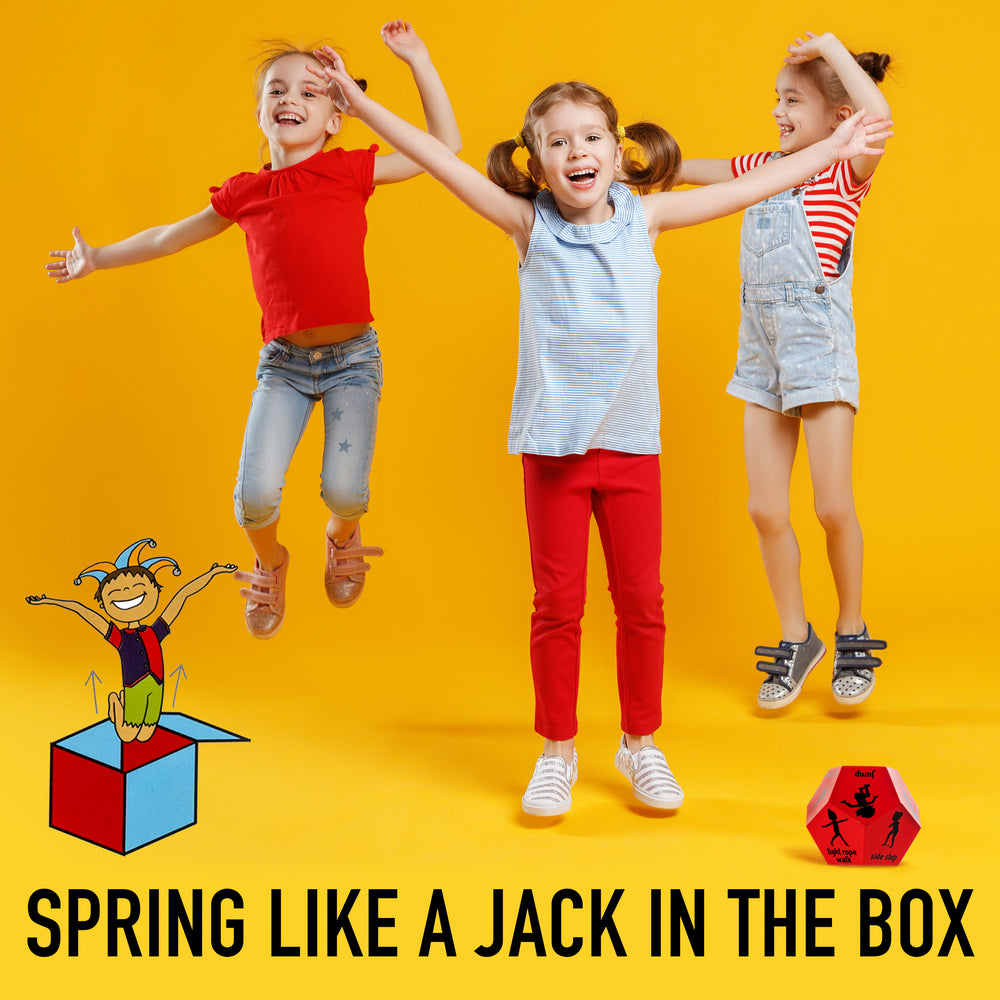 Three children jumping with a cartoon jack-in-the-box on a yellow background