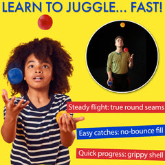 Promotional image for juggling balls with a child and a juggler on a yellow background.