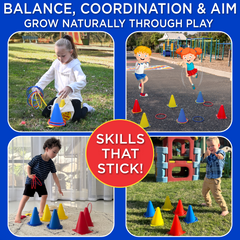 Covelico Kids Ring Toss & Bean Bag Toss Game (30-Piece Set) – 6 Cones, 12 Rings, 12 Bean Bags