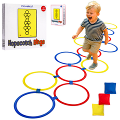 Covelico Hopscotch Rings Set (12 Rings + 18 Connectors + 3 Bean Bags) – Indoor/Outdoor Obstacle Course Game