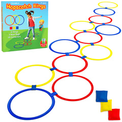 Colorful hopscotch rings with three bean bags (red, yellow and blue) and bright box on a white background