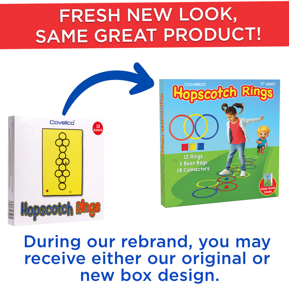 Comparison of old and new packaging for Covello Hopscotch Rings with text about rebranding.