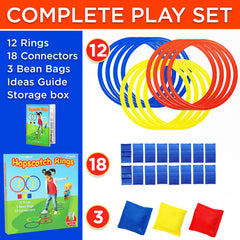 Complete play set with hopscotch rings, connectors, bean bags, and storage box on a blue background