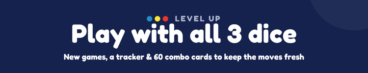 Promotional banner for a dice game with text on a dark blue background