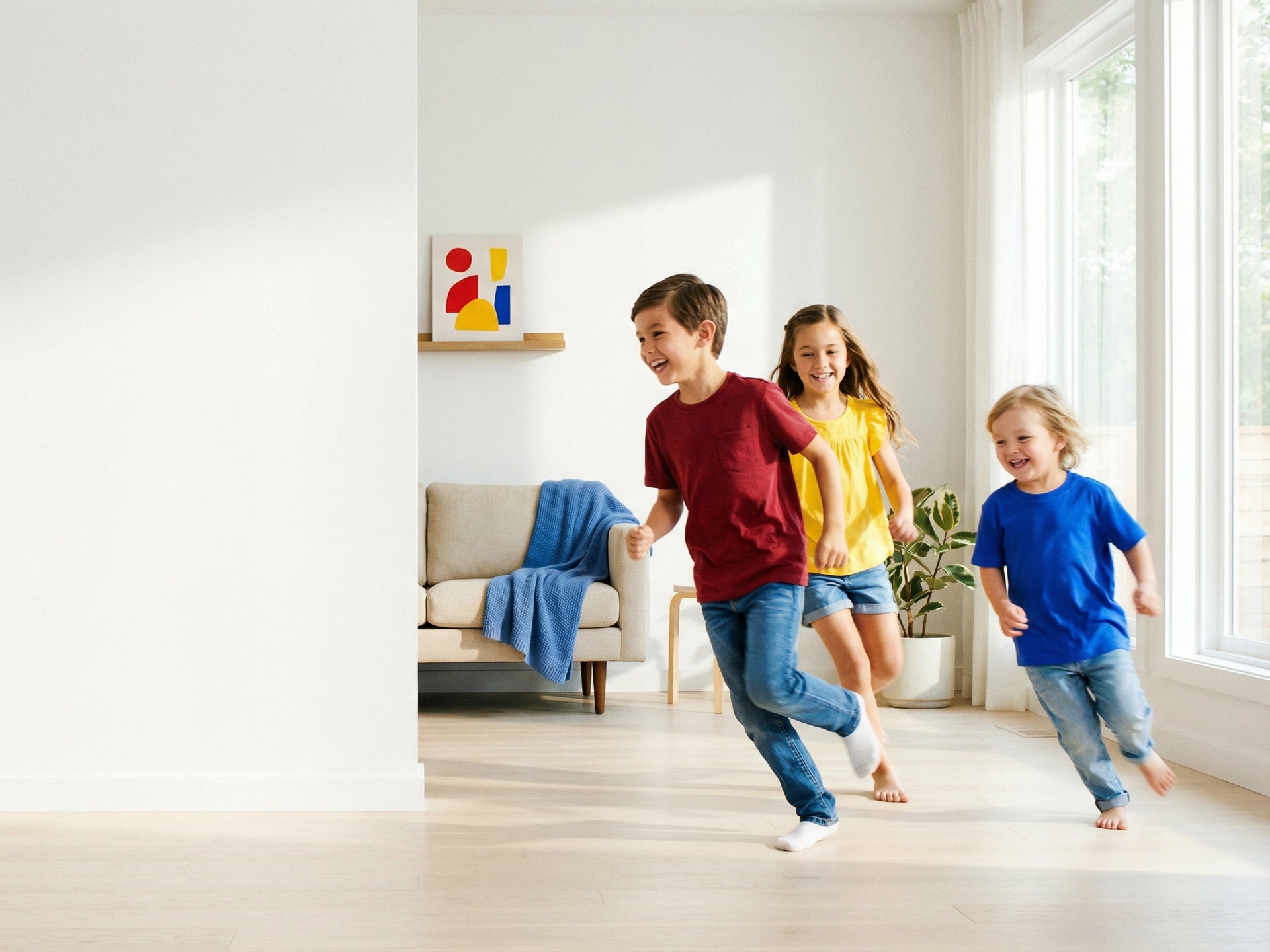 Three children running in a bright, modern living room.
